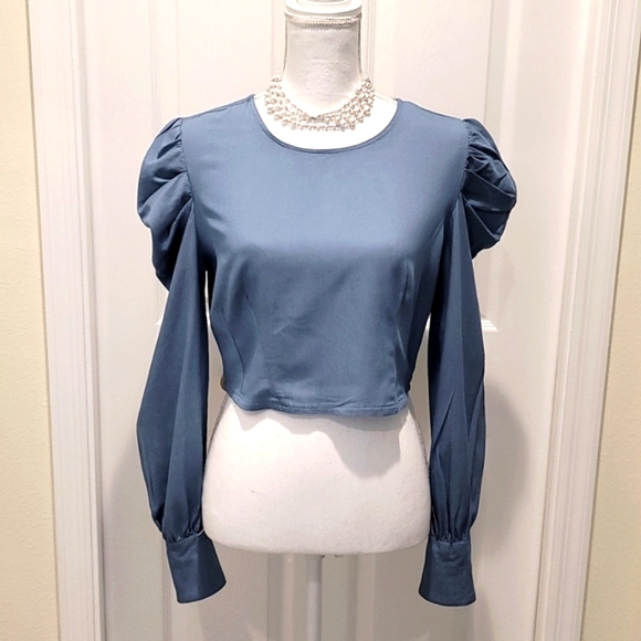 Amazon Tops - Brand New!💥 Blue Crop Pleated Top | Blouse Long Sleeve | NWOT